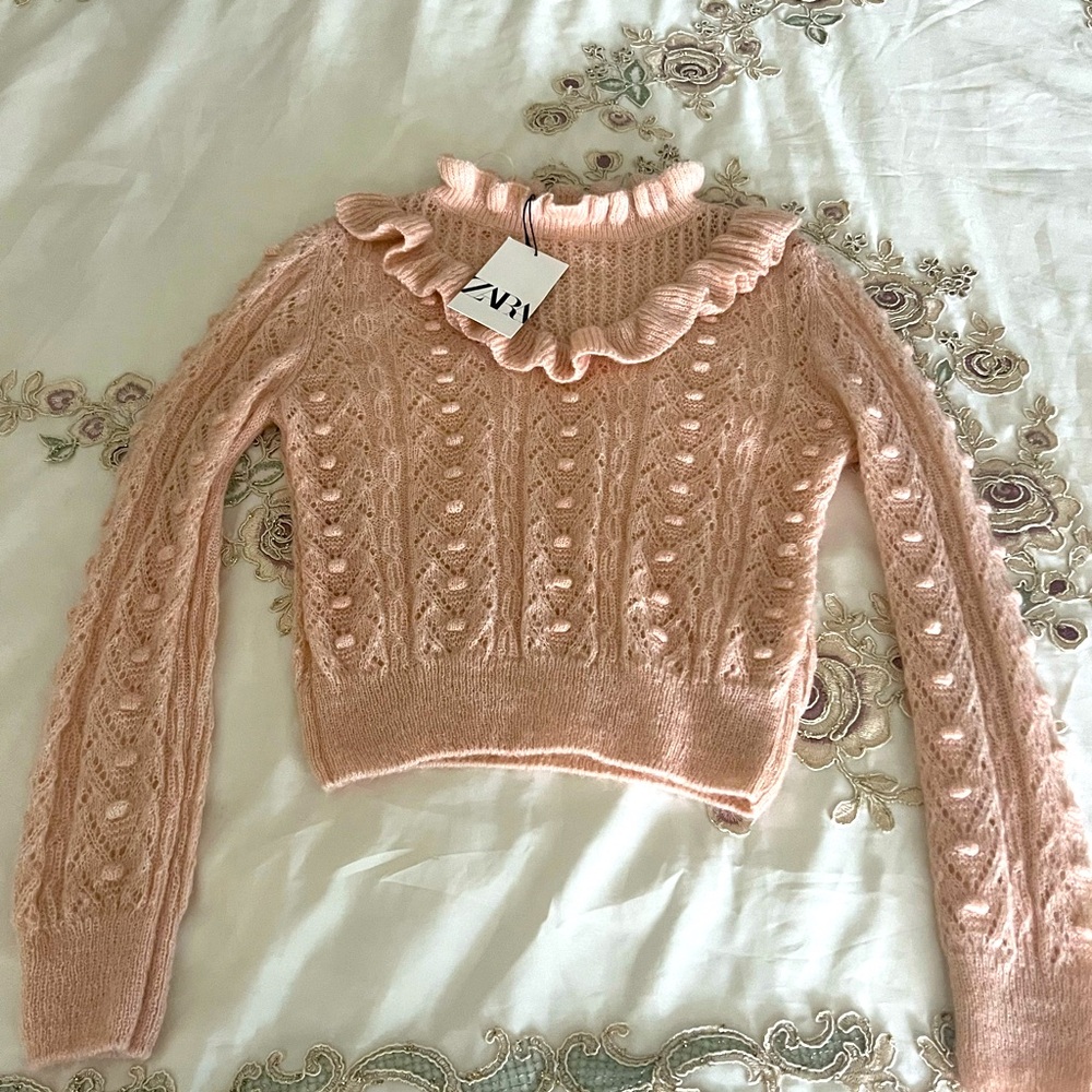🆕 Zara Mohair Blend Ruffle High Neck Bib Collar Sweater blush pink large